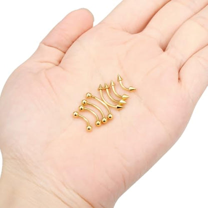 Eyebrow Piercing Jewelry Surgical Steel Vertical Labret Lip Jewelry Curved Barbell Tiny Eyebrow Ring Ear Rook Navel Small Belly Button Ring for Women Men 16g Bar Length 6mm/8mm/10mm/12mm - color: goldtone,ball+spike