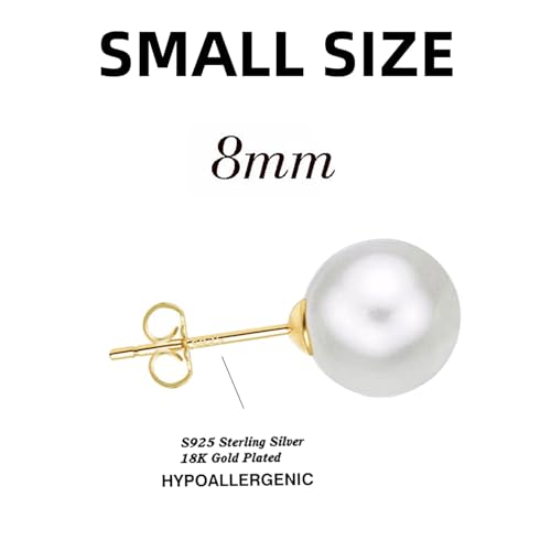 18K Gold Plated 925 Sterling Silver Shell Pearl Stud Earrings,Hypoallergenic to Sensitive Ears - style: B_XS - 8mm