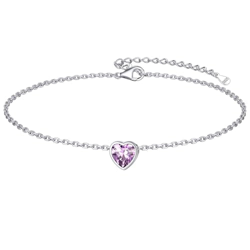ChicSilver 925 Sterling Silver Anklets for Women, Simple Dainty Round/Heart Birthstone Ankle Bracelet Beach Foot Jewelry, 8.7-10.7 Inch Adjustable - color: 06. Heart - June(Alexandrite)