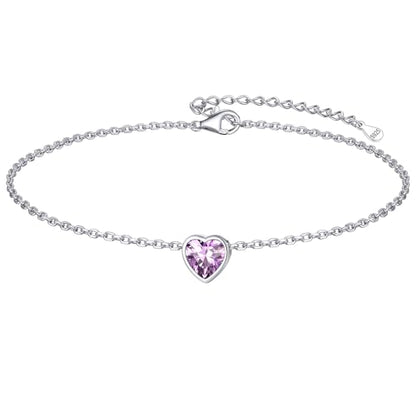 ChicSilver 925 Sterling Silver Anklets for Women, Simple Dainty Round/Heart Birthstone Ankle Bracelet Beach Foot Jewelry, 8.7-10.7 Inch Adjustable - color: 06. Heart - June(Alexandrite)