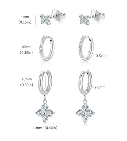 Surgical Steel Small Stud Clover Drop Dangle Huggie Hoop CZ Stud Earrings - color: B-Steel-Colored