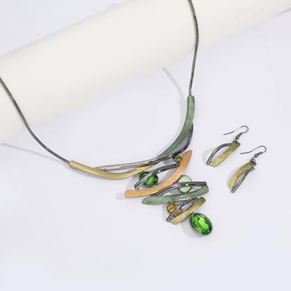 Chunky Statement Jewelry Set Vintage Retro Leaf Flower Floral Geometric Bohemian Boho Bib Necklace Earring Set Fashion Costume Jewelry for Women Girls Wedding Party Prom Unique Gift - style: Multilayer oval crystal JS black green