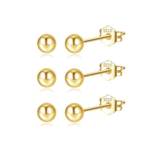 JEMARA Sterling Silver Stud Earrings for Women Pearl Earrings Non Tarnish | Hypoallergenic 925 Sterling Silver Pearl Cubic Zirconia Studs Set Trendy Earrings for Sensitive Ears 6 Pairs - color: 3Pairs 4mm Ball-Gold
