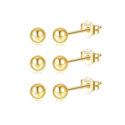 JEMARA Sterling Silver Stud Earrings for Women Pearl Earrings Non Tarnish | Hypoallergenic 925 Sterling Silver Pearl Cubic Zirconia Studs Set Trendy Earrings for Sensitive Ears 6 Pairs - color: 3Pairs 4mm Ball-Gold