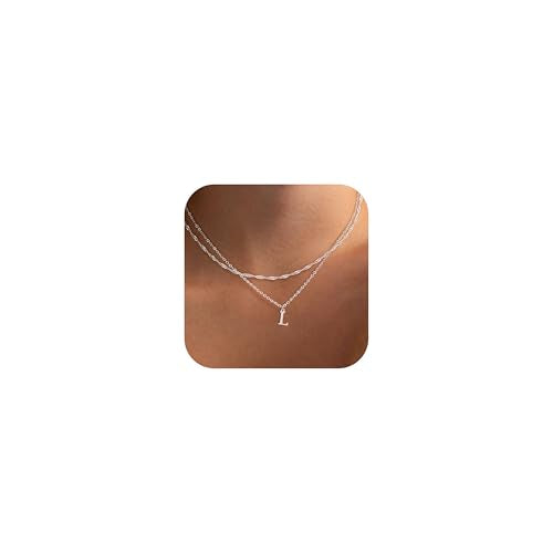 14K Gold Plated Initial Necklaces for Women Dainty Layered Letter Pendant Necklace Cute Choker Necklace Gift Trendy Stuff Personalized Jewelry Stack for Women Her - color: Silver, style: L