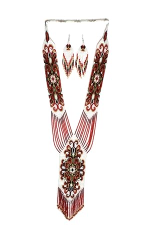 Long Beaded Necklace – Boho Native Handmade Seed Bead Tassel Necklace, Bohemian Large Statement Beaded Necklace for Women - color: Milan Red