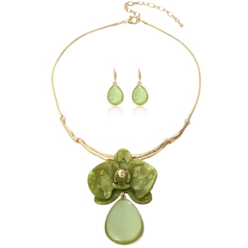 Vintage Statement Jewelry Set - Chunky Flower Floral Plant Geometric Resin Bib Necklace Earring Set Bohemian Boho Crystal Rhinestone Fashion Jewelry for Women Bridal Party Prom Unique Gift - style: MLJS2604-Green