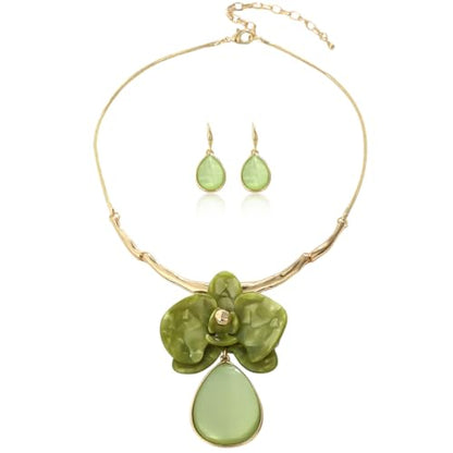 Vintage Statement Jewelry Set - Chunky Flower Floral Plant Geometric Resin Bib Necklace Earring Set Bohemian Boho Crystal Rhinestone Fashion Jewelry for Women Bridal Party Prom Unique Gift - style: MLJS2604-Green