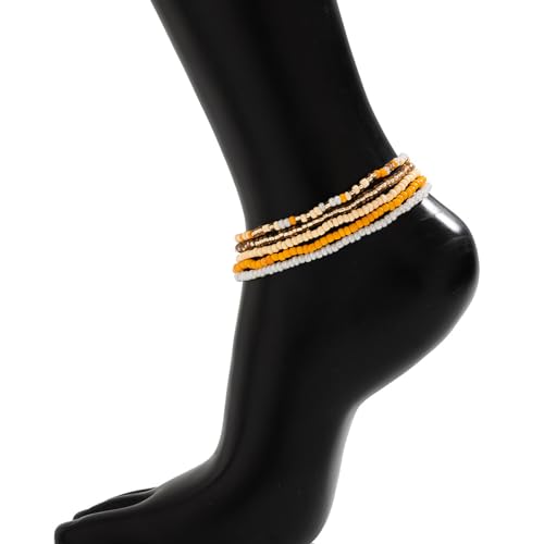 5Pcs Summer Beach Bead Anklet Bracelet,Multi-layered Pearl Anklets,Bikini Foot Chain Bracelet Wedding Bridal Adjustable Leg Bracelet Jewelry for Women Girls - style: Yellow