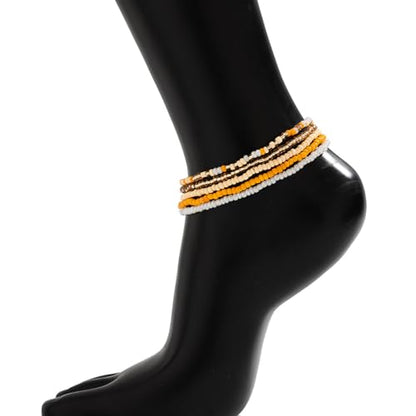 5Pcs Summer Beach Bead Anklet Bracelet,Multi-layered Pearl Anklets,Bikini Foot Chain Bracelet Wedding Bridal Adjustable Leg Bracelet Jewelry for Women Girls - style: Yellow