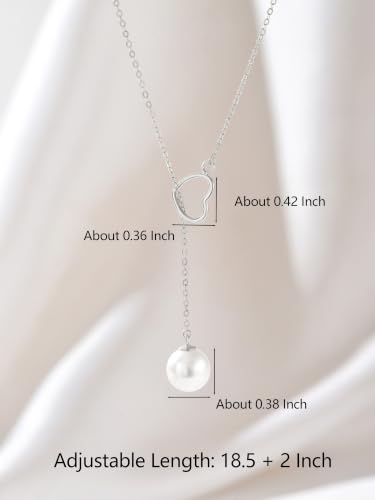 Heart Pearl Y Drop Lariat Long Necklace for Women | 925 Sterling Silver 14K Gold Plated Prom Wedding Bridal Necklace Cute Dainty Layered Dangle Necklace Summer Jewelry - color: Silver