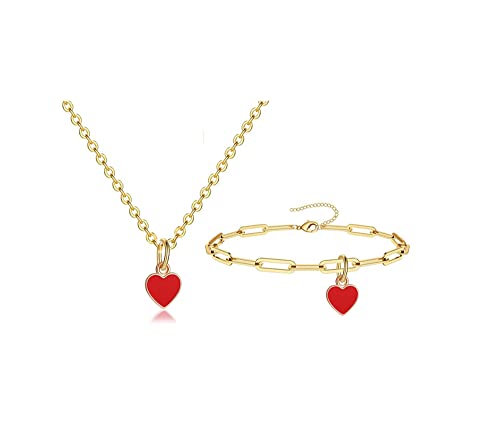 Sweet Enamel Forever Love Heart Shape Link Bracelet Paperclip Chain Stainless Steel Necklace for Mom Wife Lover Valentine's Day Preppy Jewelry - color: Red B Set