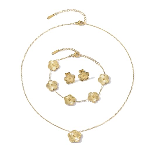 Clover Neckalce Earring Set for Women 14K Gold Plated Stainless Steel Four Leaf Clover Jewelry Set - color: Gold