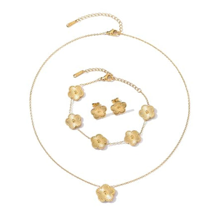 Clover Neckalce Earring Set for Women 14K Gold Plated Stainless Steel Four Leaf Clover Jewelry Set - color: Gold