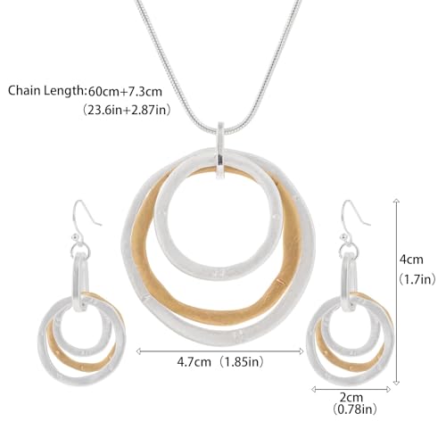 3 Circles Silver Hoop Earrings Necklace Set for Women Geometric Jewelry Set | 925 Silver Hypoallergenic Small Hoop Circle Geometry Textured Finish Minimalist Style Comfortable Wear - style: Gold Hammered Hoop