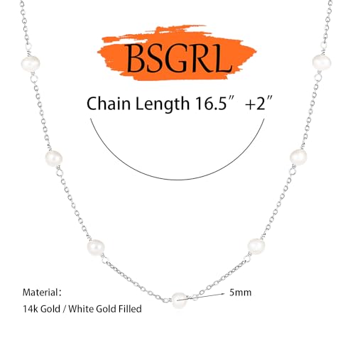 Pearl Necklace for Women- 14K Gold-plated/White Gold-plated Dainty Pearl Necklace for Women - color: Silver station chain