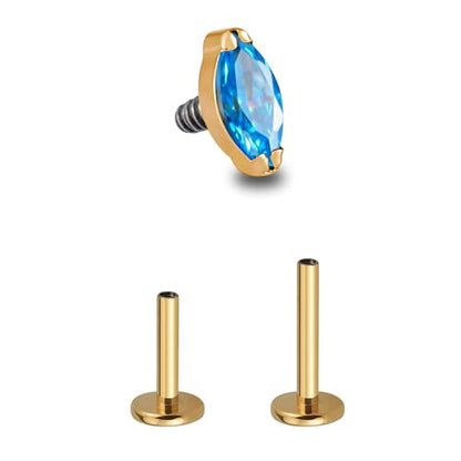 1PC Tragus Conch Helix Flat Labret Piercing Jewelry 16G 6mm 8mm - ASTM F136 Titanium Cartilage Earring Flatback Stud, Implant Grade Internally Threaded Hypoallergenic Body Jewelry (Clear CZ) - color: Blue Marquise CZ - Gold