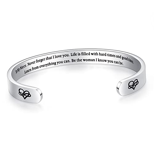 TONY & SANDY Inspirational Bracelets for Women Teen Girls Personalized Gifts for Daughter Granddaughter Mom Sister Friends Stainless Steel Engraved Cuff Birthday Easter Christmas - style: A - Niece Gifts - Never forget that I love you...Be the woman I kno