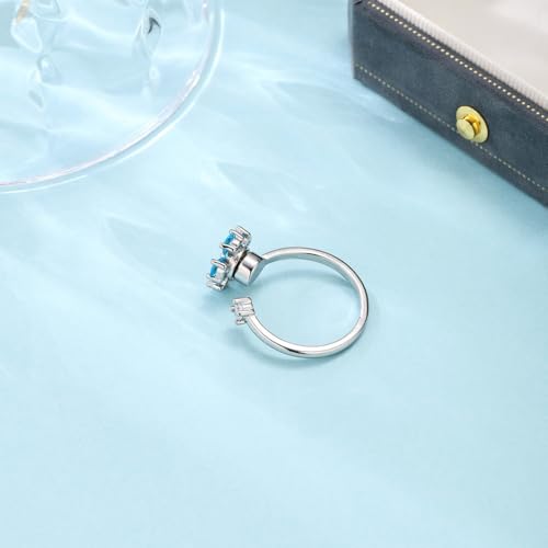 Rotating Blue Flower Fidget Rings for Women Sparkling Imitation Crystal Floral Open Stackable Adjustable Anxiety Spinner Ring Eternity Promise Wedding Band Comfort Fit Relieving Stress ADHD Jewelry