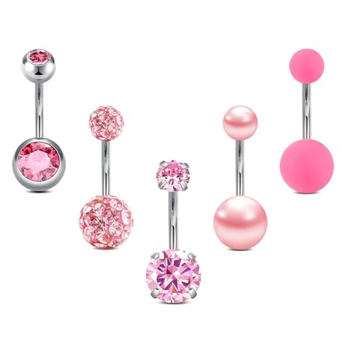 Silver Gold Belly Button Ring for Women Clicker Hoop Belly Rings Opal Navel Piercing Jewelry Dangle Hypoallergenic Surgical Steel Dainty Dangling Navel Rings for Women - color: J1-5pcs pink