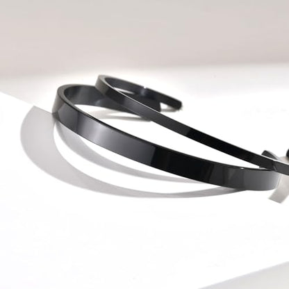 Stainless Steel Mens Cuff Bracelet : Minimal Cool Silver/Black/Gold Plated Open Metal Cuff Bangle Bracelets for Men,Mens Bracelet Jewelry Gift - color: Black-2-Pack, size: Medium( fit 5.5"-7.2" wrist)