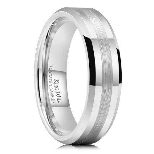 King Will Classic Tungsten Carbide Ring Brushed Two Grooved Center Hammered Design Mens Wedding Band for Men | Black/Silver/Gold, 8mm, Men's Wedding Band, Grooved, Comfort Fit, Everyday Wear - color: A-Silver 6mm