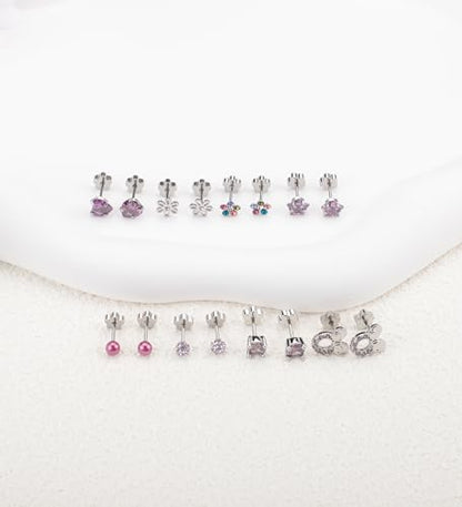 Staligue 8 & 21 Pairs Hypoallergenic Screw Back Earrings for Women – 20G Surgical Steel Flat Back Studs with Heart, CZ, Pearl, Star & Ball Designs | Tiny Cartilage Jewelry Options - color: Purple