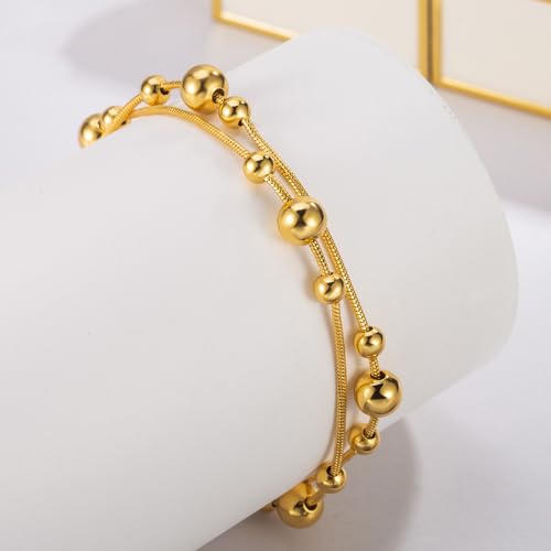 Womens Anklet 925 Sterling Silver Layered Anklet Bracelet Dainty Beaded Foot Chain Adjustable Summer 24k Gold Plated Beach Jewelry Gift - color: Snake Chain Gold