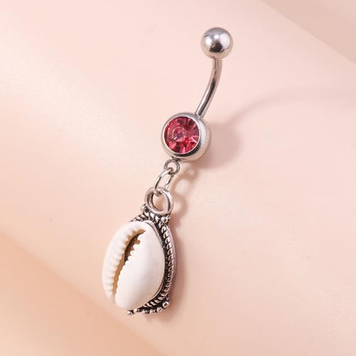 Silver Belly Button Ring Crystal Spider Dangle Belly Ring Sparkly Cubic Zirconia Insect Navel Ring Surgical Steel Belly Navel Piercing Jewelry for Women Girls - style: shell