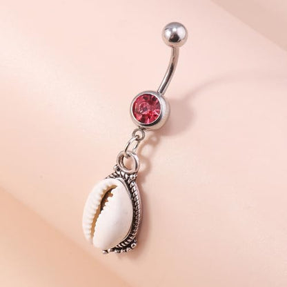 Silver Belly Button Ring Crystal Spider Dangle Belly Ring Sparkly Cubic Zirconia Insect Navel Ring Surgical Steel Belly Navel Piercing Jewelry for Women Girls - style: shell