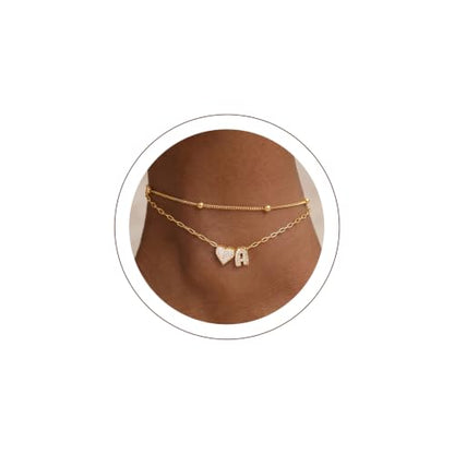 KeyStyle Heart Initial Ankle Bracelets for Women, Layered CZ A-Z Letter | 14K Gold Plated or Silver Stainless Steel Anklet, Hypoallergenic Waterproof Layered Jewelry for Daily Wear & Special Gifts - color: Gold-A