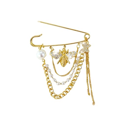 Gold Dainty Bee Chain Layered Tassel Brooch Pin for Women,Baroque Trendy Faux Pearl Beaded Statement Lapel Pin Fashion Delicate Jewelry Accessories