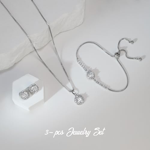 Bridesmaid Bride Wedding Jewelry Set - Round Cubic Zirconia | Earrings Necklace Bracelet Set, Hypoallergenic Prom Party Jewelry Gift for Her - color: Silver