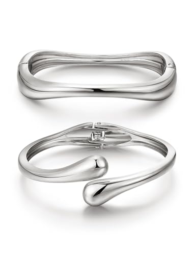 8YEARS Chunky Gold Bangle Bracelets for Women, 14k Gold Plated | Cuff Bangles, Stack Bracelet Set, Wide Trendy Fashion, Jewelry Gifts - color: A-Silver-2PCS