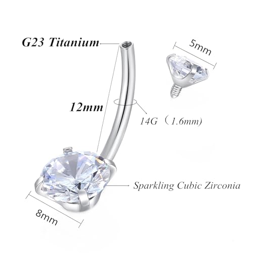 ORANGELOVE G23 Titanium 14G Belly Button Rings Cubic Zirconia Internally Threaded CZ Belly Ring Navel Barbell Stud Body Piercing Jewelry 14 Gauge 8mm 10mm 12mm 14mm - color: Silver, size: 14G 12mm