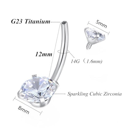 ORANGELOVE G23 Titanium 14G Belly Button Rings Cubic Zirconia Internally Threaded CZ Belly Ring Navel Barbell Stud Body Piercing Jewelry 14 Gauge 8mm 10mm 12mm 14mm - color: Silver, size: 14G 12mm