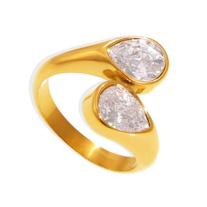 Kokoma Cubic Zirconia Waterdrop Wrap Finger Band for Women Double Crystal Teardrop Shape Adjustable Stacking Ring Open Statement Promsie Rings