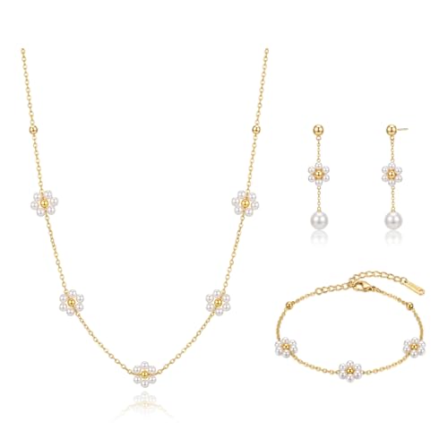 Gold Jewelry Sets for Women, Gold Pearl Dangle Earrings Bracelets Necklaces Set, Women's Jewelry Gifts for Women Wife - style: Gold Daisy Pearl Necklace Set-3PCS