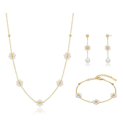 Gold Jewelry Sets for Women, Gold Pearl Dangle Earrings Bracelets Necklaces Set, Women's Jewelry Gifts for Women Wife - style: Gold Daisy Pearl Necklace Set-3PCS