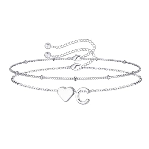 M MOOHAM Initial Bracelets for Women Teen Girls - Heart Letter A-Z Bracelet | Dainty 14K Gold Plated Jewelry, Heart Initial Bracelet, Bracelets for Women Girls Trendy, Birthday Gifts for Women Girls Her - color: Silver - C