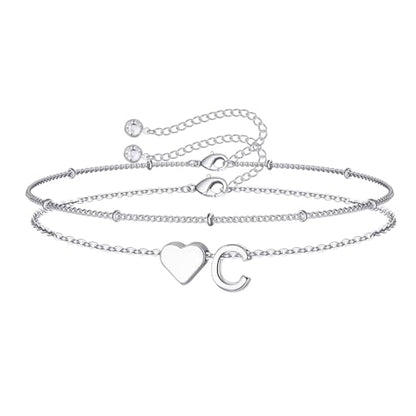 M MOOHAM Initial Bracelets for Women Teen Girls - Heart Letter A-Z Bracelet | Dainty 14K Gold Plated Jewelry, Heart Initial Bracelet, Bracelets for Women Girls Trendy, Birthday Gifts for Women Girls Her - color: Silver - C
