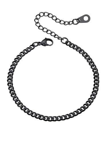 U7 Link Bracelets for Men, Cuban Link/Rope/Watch Band Solid Bracelet, Silver Black Gold Color Wrist Bracelet 3/6/9/12/15mm Width, 6.5/7.5/8.3 Inch Length, Hand Chain Jewelry for Mens Women - color: Cuban-Black, size: 3.5mm, 6.5 inches