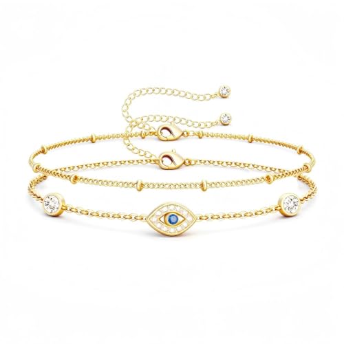 16K Gold Plated Bracelets Set for Women - Dainty Layered Adjustable Hand Chain Bracelet with Cubic Zirconia, Cute Jewelry Gift for Her, Waterproof Hypoallergenic - color: Evil Eye