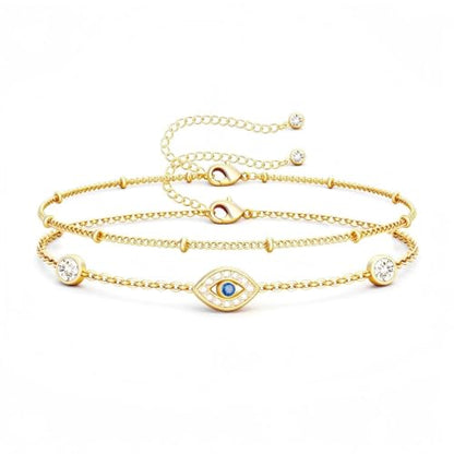 16K Gold Plated Bracelets Set for Women - Dainty Layered Adjustable Hand Chain Bracelet with Cubic Zirconia, Cute Jewelry Gift for Her, Waterproof Hypoallergenic - color: Evil Eye