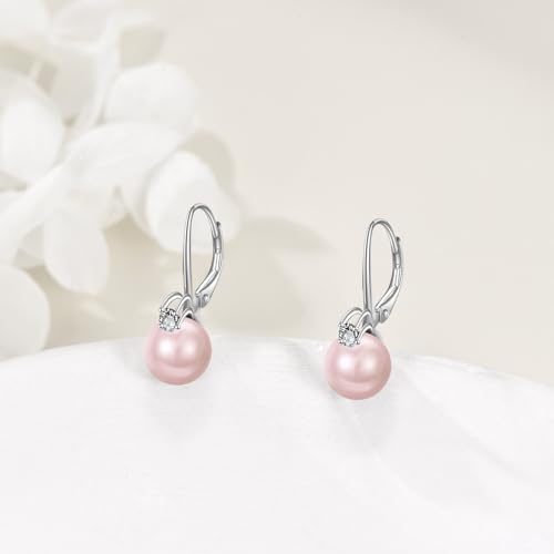 TIGER RIDER Pearl Earrings 925 Sterling Silver Leverback Hypoallergenic Drop Earring Jewelry for Women Birthday Gifts - style: Pink Pearl 2