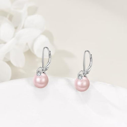 TIGER RIDER Pearl Earrings 925 Sterling Silver Leverback Hypoallergenic Drop Earring Jewelry for Women Birthday Gifts - style: Pink Pearl 2