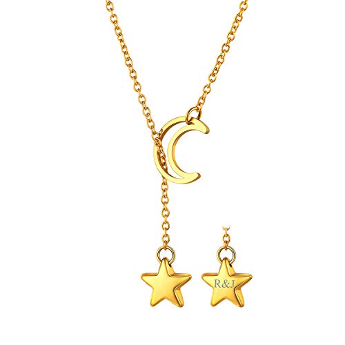 FOCALOOK Heart Lariat Necklaces for Women, Long Slip Chain Necklace | Hypoallergenic 316L Stainless Steel Silver/Black/Gold Plated, Front Slider Closure, Non Tarnish, Layered look, Everyday Wear - color: 19:Gold Star Moon-Custom