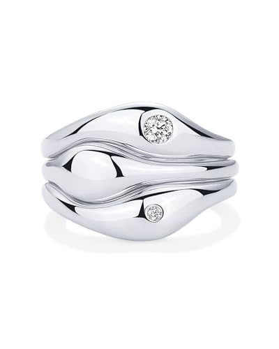 PAVOI 14K Gold Plated Chunky Stackable Rings Set for Women | Cubic Zirconia Bands Set | 3 Statement Rings Pack - color: White Gold, size: 6, style: CZ