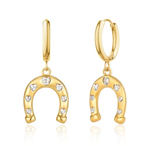 Gold Dangle Earrings for Women,Horseshoe Hoop Huggie Earrings with Heart Cubic Zirconia Hypoallergenic Lightweight Dangling Earrings Lucky Jewelry Gifts Perfect for Christmas,Birthday,Anniversary - style: Heart Horseshoe