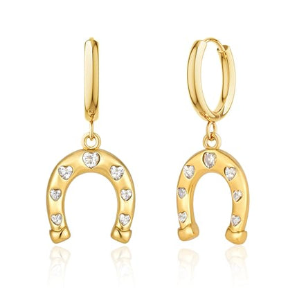 Gold Dangle Earrings for Women,Horseshoe Hoop Huggie Earrings with Heart Cubic Zirconia Hypoallergenic Lightweight Dangling Earrings Lucky Jewelry Gifts Perfect for Christmas,Birthday,Anniversary - style: Heart Horseshoe